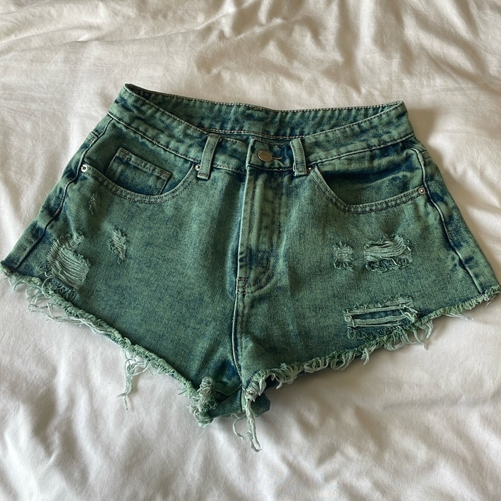green washed denim shorts